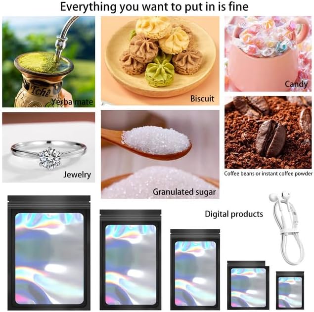 100 Pack Mylar Holographic Packaging Bags Resealable Candy Bags with Clear Window Foil Pouch Bag for Lipgloss, Jewelry, Sample Bag for Small Business (Black, 6.3x9.4 Inch)