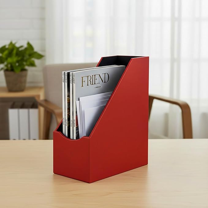 UnionBasic Magazine File Holder, Leatherette Desktop Document Organizer, Home Office Paper Holder File Storage Literature Sorter, Red