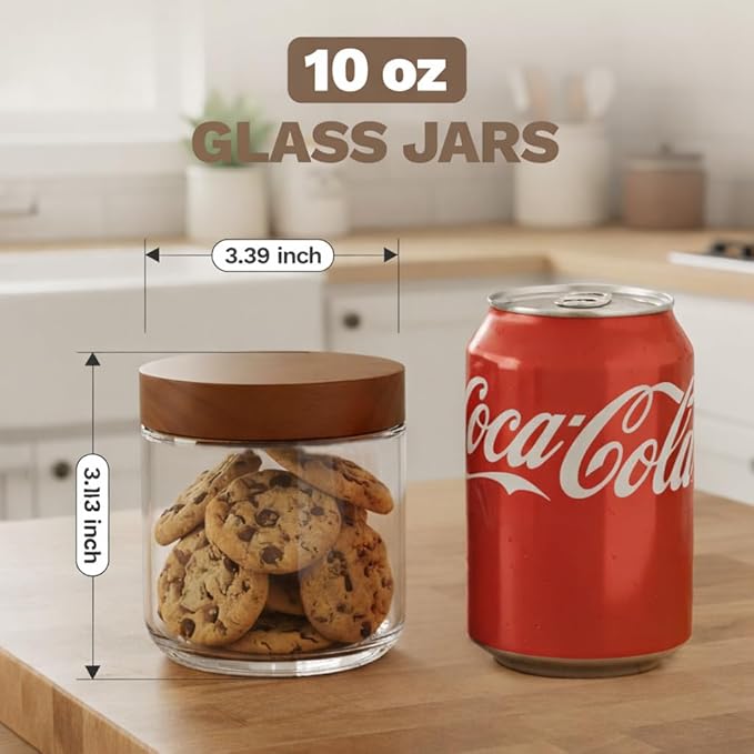 Bumobum 10 oz Glass Jars with Lids, Small Yogurt Containers, 12 Pack | Acacia wood airtight tops with wide openings; ideal for chia pudding, loose tea, coffee, spice, meal prep, salad and snack