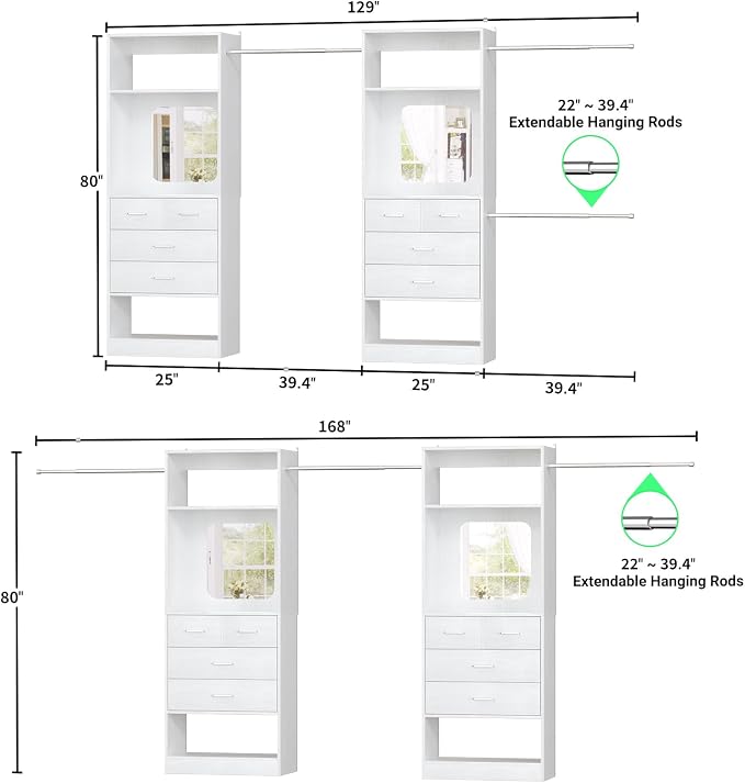 Unikito Closet Systems, 6-14FT Walk in Closet Organizer with 8 Drawers and Mirror, 168" Large Wood Closets Insert with Tower, Sturdy Wardrobe Closets Garment Rack with Extendable Hanging Rods, White