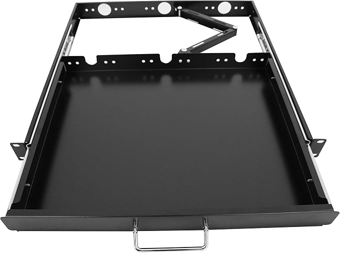 GlobalRack 1U Keyboard Drawer, 17.75" Depth, Extends to 27", Soft-Close | 1U keyboard drawer | 1U rack drawer | Soft-close damping | Foldable handle | Built-in cable management | Heavy-gauge stee