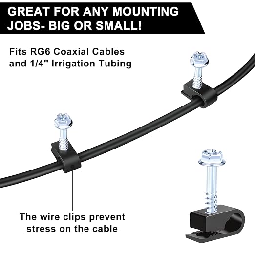Cable Clips with Screws Fastener 1/4 Inch (6 mm) - All Weather Wire Clips for Coaxial, Ethernet,Electrical Cables,Brick/Stucco Siding Clips, UV-Resistant for Outdoor Wall Mount, 30 Pack,Black