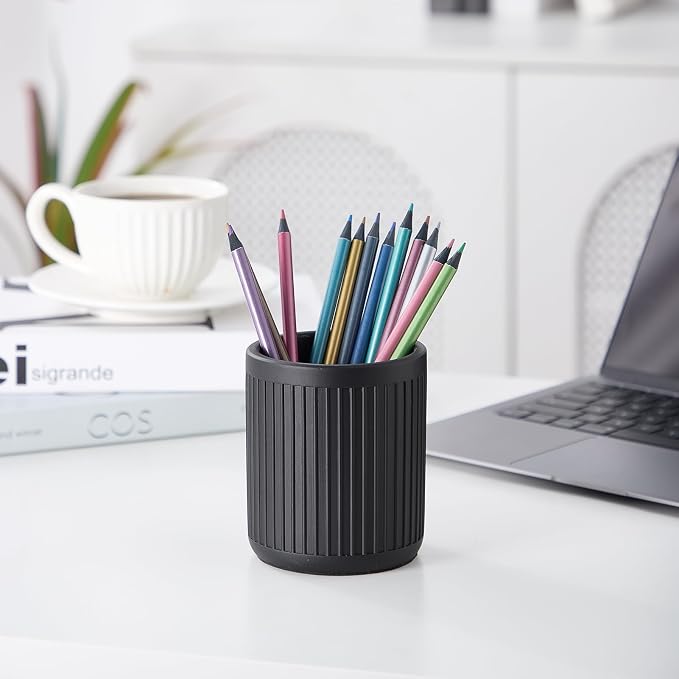 Aotea Crafts - Concrete Modern Industrial Pen Holder for Desk - Aesthetic Minimalist Charcoal Black Pencil Holder for Desk- Handcrafted Cement Fluted Pen Cup Organizer - Sealed & Durable