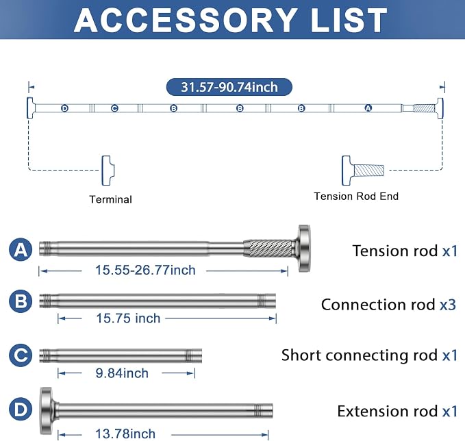 Tension Curtain Rod 32-90Inch Silver Spring Rods Adjustable Curtain Rods no Drilling Outdoor Tension Rod for Patio, Windows,Closets,Doorway,