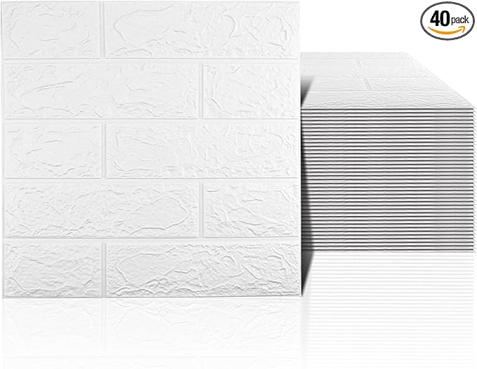 40 PCS White 3D Wall Panels, 58 sq.feet Coverage, Printable Wallpaper Sticker with Self-Adhesive Waterproof Brick PE Foam Wall Panels Peel and Stick for Interior Wall Decor Home Decoration