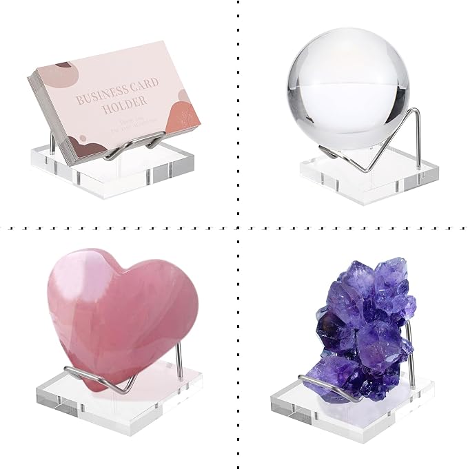 Hipiwe Metal Display Stand with Acrylic Base - Small Easel Stands for Geodes Rock Mineral Agate Fossil Coral Crystals Seashell and Small Collectibles, Silver Business Card Holder Stand