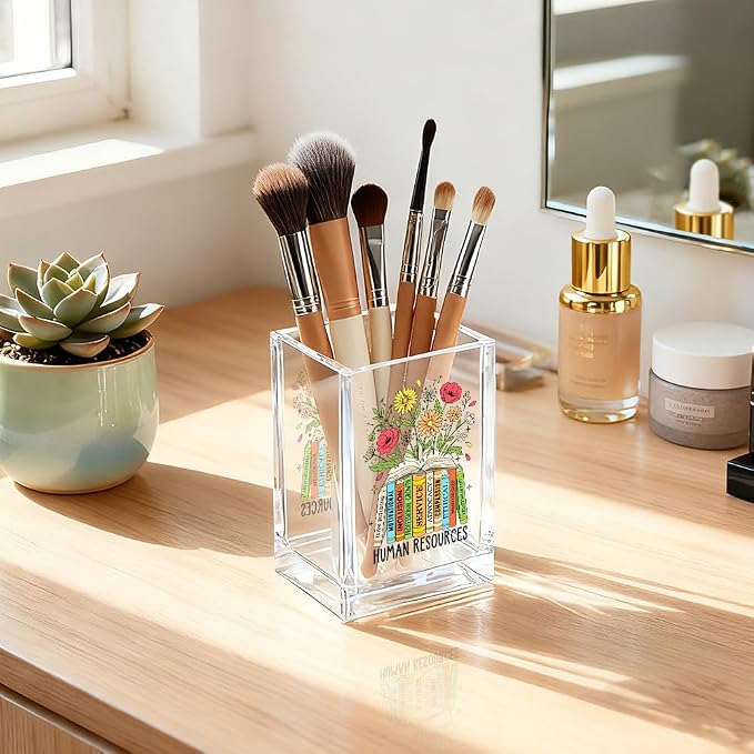 Human Resources Acrylic Cosmetic Pencil Holder Cup, Floral Books Pen Holder for Home Office Desk Accessories for HR Manager Director, Pen Organizer, Marker Holder, Funny HR Work Thank You Gifts