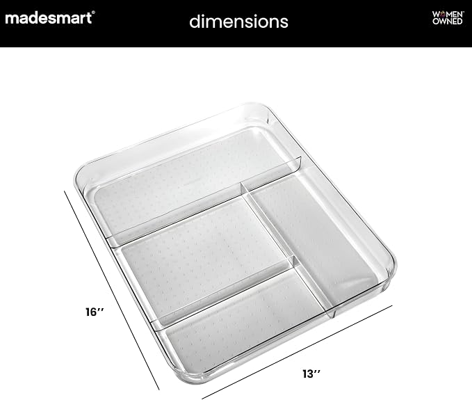 madesmart Premium 4 Compartment Drawer Organizer, Multi Purpose Storage for Utensils, Office Tools, Cords, & Small Household Items, Tech Accessories, Arts & Crafts Supplies, Non Slip Lining, Clear | rounded corners, nonslip feet, visible storage