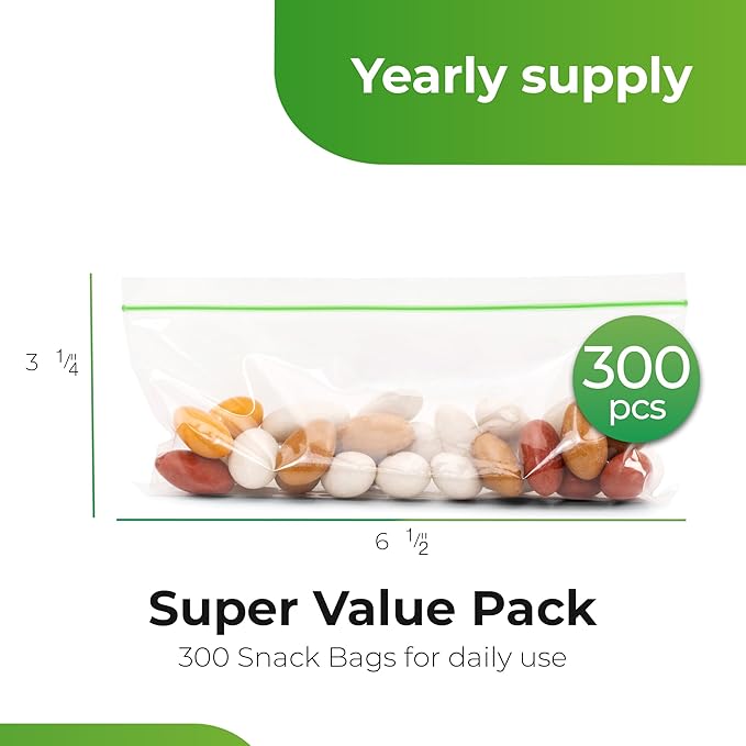 Snack Bags – 300 Count Resealable Extra Strong 2 Mil Leak Proof, Zipper Snack Baggies, Plastic Snack Bags for Food Storage, 6 1/2" x 3 1/4"