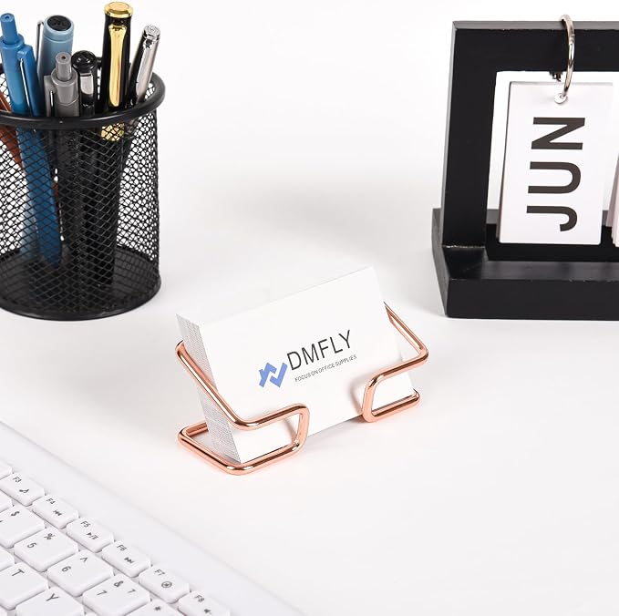 Metal Business Card Holder for Desk, Cute Card Display Stand, Compatible with Various Countertops, Rose Gold