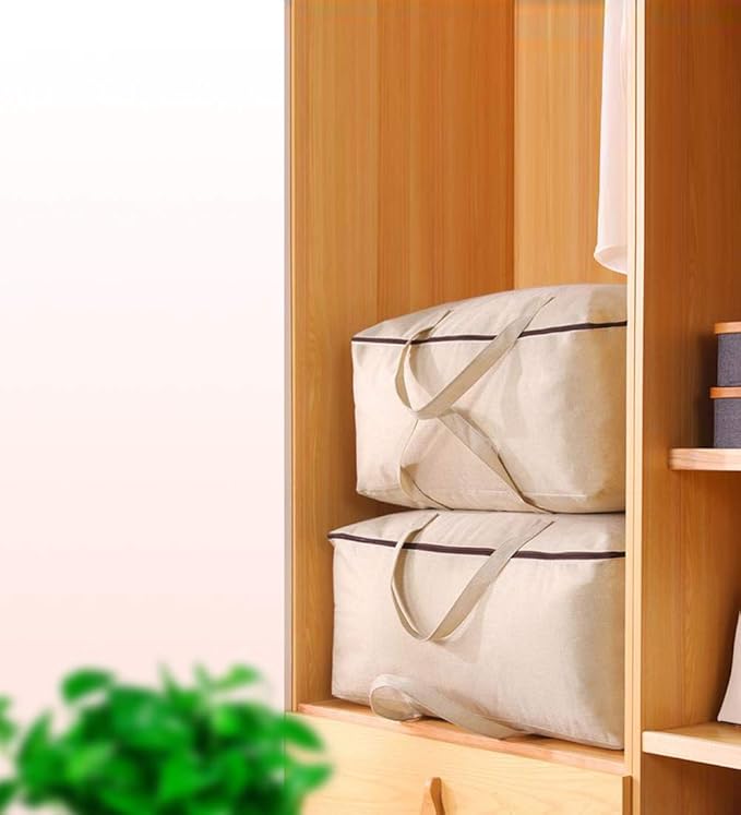 AMJ Set of 3, Canvas Storage Bag with 3-Side Zip Open & Handles, 8OZ Thick Soft Breathable Closet Organizer for Beddings, House Move or Winter Garment Storage in Wardrobe, Beige