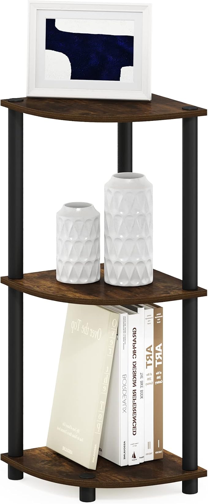 Furinno Turn-N-Tube Toolless Assembly 3-Tier Corner Shelf, Rustic Brown Corner Book Shelf, Open Shelves Bookshelf, for Organization and Storage, Living Room, Home Office, Bedroom, Amber Oak