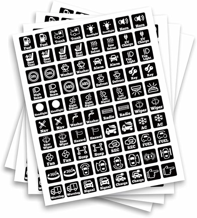 400 Pcs Car Switch Panel Sticker, 44 Designs Black Auto Switch Label Dashboard Symbol Stickers Universal Car Air Conditioning Light Wiper Fuel Icon Decals for Most Vehicles, 0.71x0.71 Inch