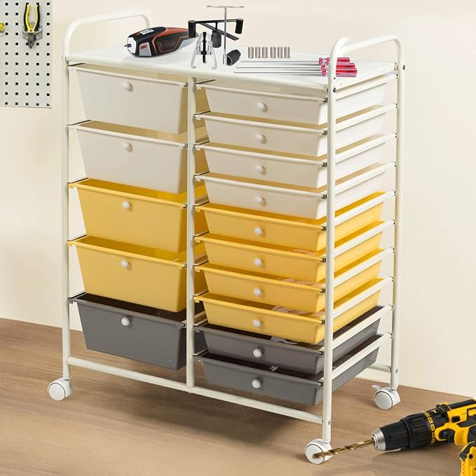DREAMADE Rolling Cart with 15 Drawers, Lockable Wheels, Removable & 2-Sized Storage, Art Cart for School, Home, Crafts, Scrapbook (Yellow)