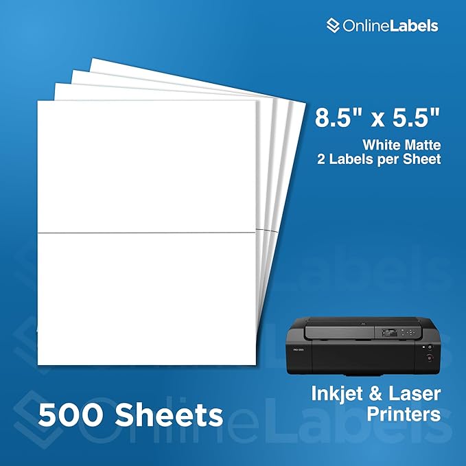 8.5 x 5.5 Half-Sheet Shipping Labels - Permanent, White Matte - for FBA, FedEx, UPS - Pack of 1,000 Labels, 500 Sheets - Inkjet/Laser Printers - Online Labels