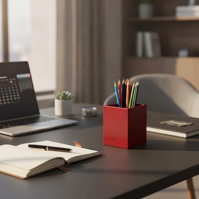 UnionBasic Square Pen Holder, Leather Pencil Cup, Desktop Caddy Stationery Organizer (Burgundy)