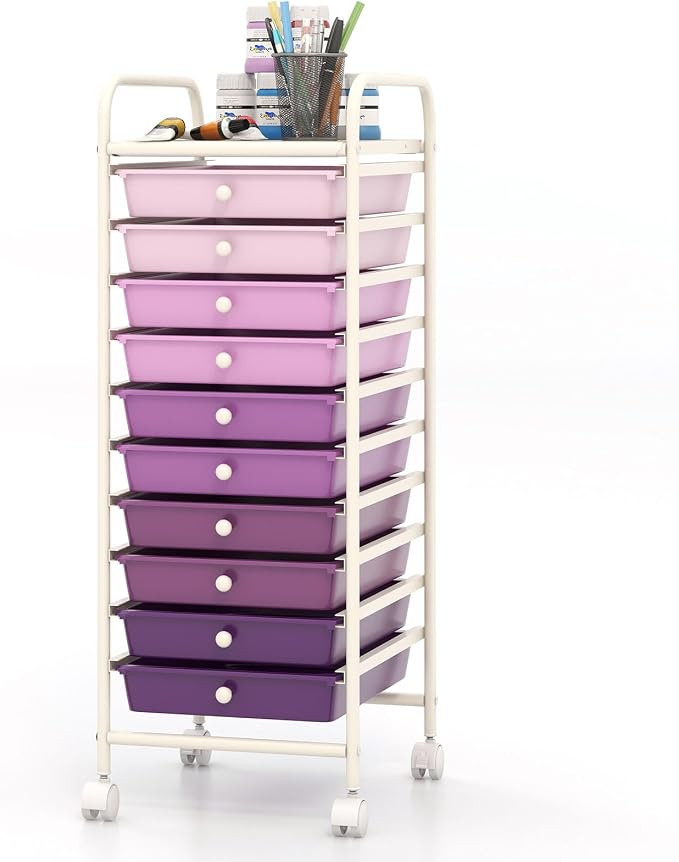 COSTWAY 10-Drawer Rolling Storage Cart, Utility Mobile Trolley | Removable Drawers & Universal Casters & 2 Brakes, Versatile Flexible Drawer Organizer Cart for Home, Office (Purple Gradient)