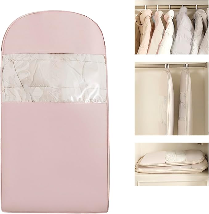 Space Saving Hanging Garment Bag with Compression Zipper. | For Closet Storage, Garment Bag for Coats and Down Jackets.(Pink，M)