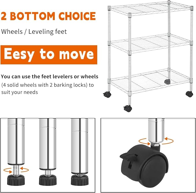 3-Tier Metal Wire Shelving Unit with Wheels, Heavy Duty Adjustable Storage Rack (450 lbs Capacity), Small Utility Organizer for Kitchen Pantry, Garage, Laundry Room, 23"W x 13"D x 31.3"H