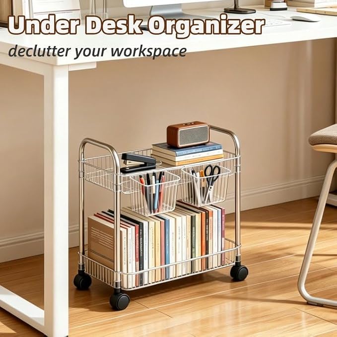 2 Tier Utility Rolling Cart with Wheels Sofa Side Table Small Under Desk Storage Organizer, Clear Acrylic Plastic Mobile Trolley Organization Storage Cart for Kitchen Pantry Bathroom Vanity