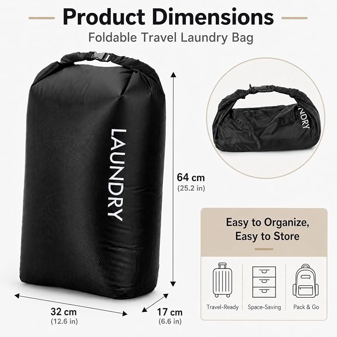 Compression Travel Laundry Bag for Dirty Clothes, Pump-Free Laundry Bag for Suitcase & Dorm, Waterproof Wet Dry Clothes Organizer, Large Capacity Space Saving Travel Bag (1 Pcs) Black