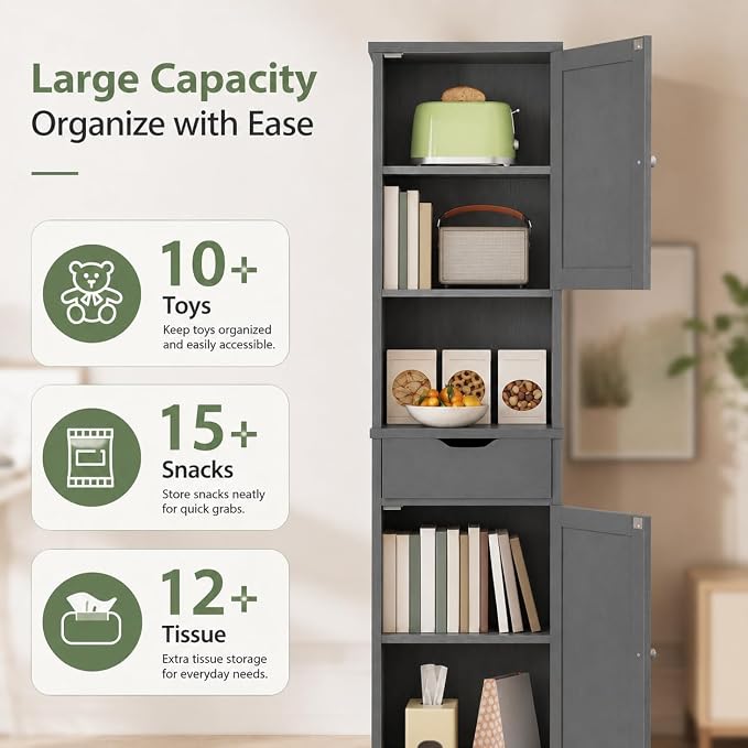 Walsunny Tall Bathroom Storage Cabinet with Freestanding Adjustable Shelves, Narrow Storage Linen Cabinet with 2 Doors and 1 Drawer for Bathroom, Living Room, Kitchen, Gray