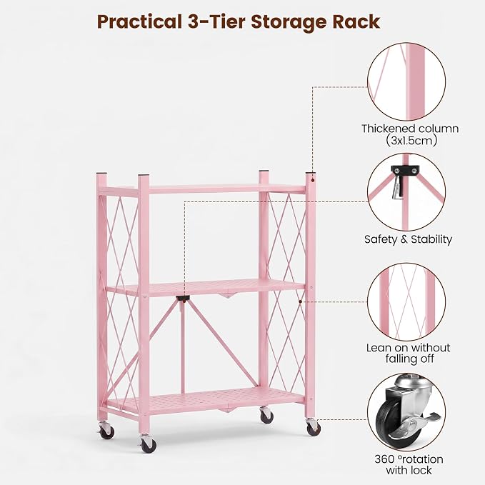 ALANNG 3 Tier Folding Storage Shelf on Wheels,Heavy Duty Metal Rolling Cart | Compact & Portable, No Tools Assembly, Folds to 3.9" Flat, Reinforced Iron Frame, Lockable Casters, for Any Room