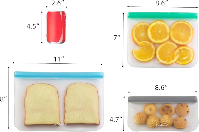 LeMuna 12 Pack Multi-Size Reusable Food Storage Bags - BPA-Free Leakproof Freezer Bags (4Gallon/4Sandwich/4Snack) | 12 Pack, Reusable, BPA-Free, Leakproof, Freezer, food-grade PEVA