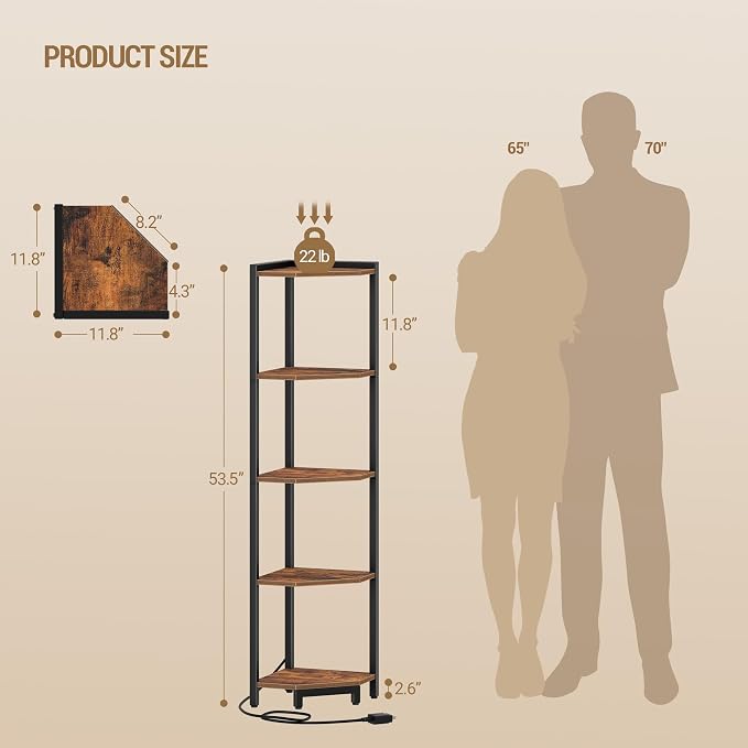 Hzuaneri Corner Shelf with LED Light 6 Tier Corner Bookshelf Standing Shelf | Tall Narrow Display Bookcase with Metal Frame for Small Space, Living Room, Home Office, Bedroom, Rustic Brown CS66501B