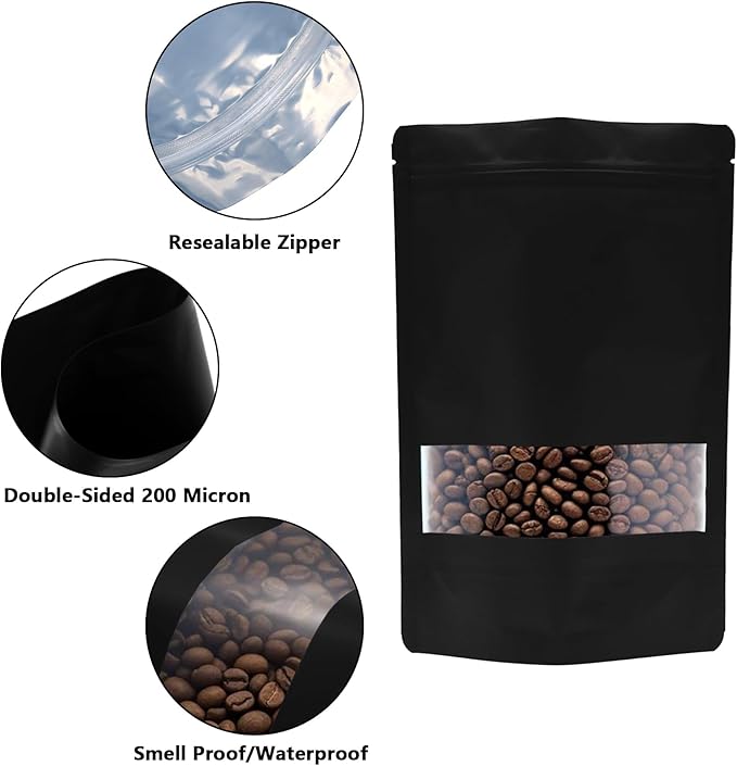 100PCS Foil Pouch Mylar Bags with Clear Window,ULIFESTAR Stand Up Sealable Bags with Tear Notches,Resealable for Food,Party Favors,Gift Packaging and Small Business(10 * 15cm/3.94 * 5.91",Black)