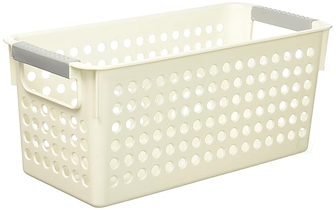 Basicwise Rectangular Plastic Storage Basket with Easy-Grip Handles Ventilated Organizer Bin for Bathroom Pantry Closet Laundry Kitchen Shelves Countertops and Home Organization Essentials, White
