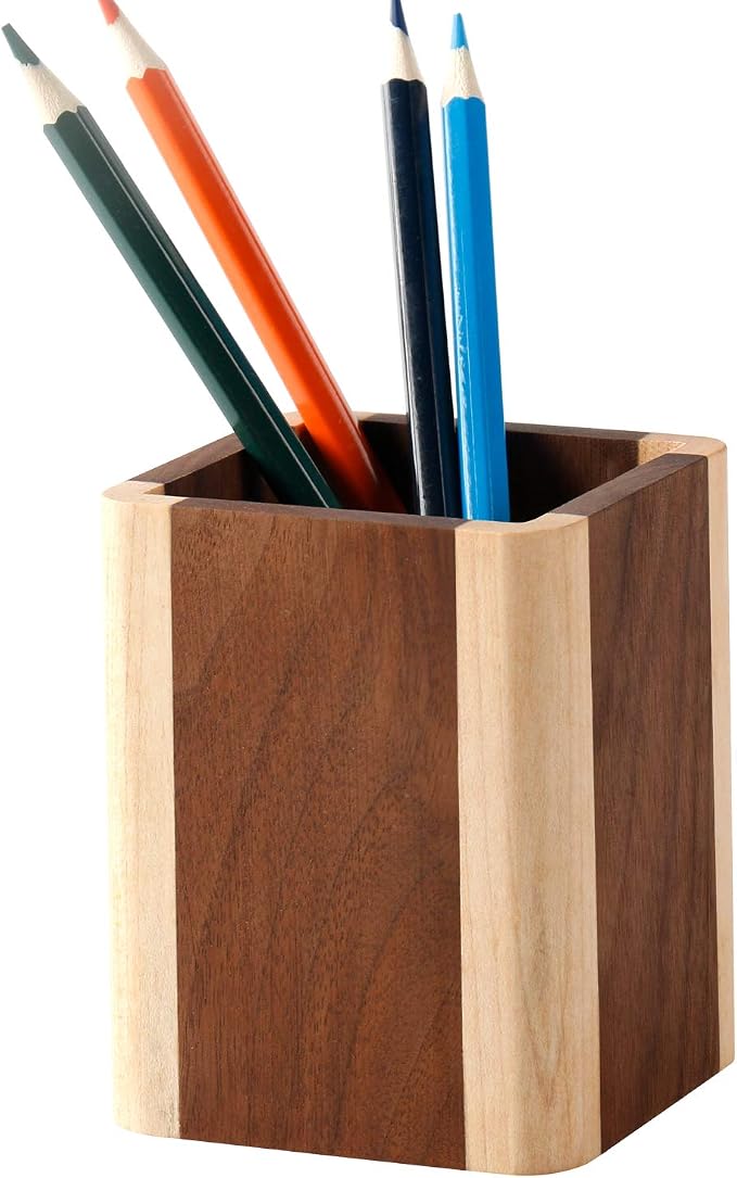 Natural Wood Desk Pen Holder Pencil Organizer Desktop Office Pencils Stand Holder Simple(Maple side walnut center)