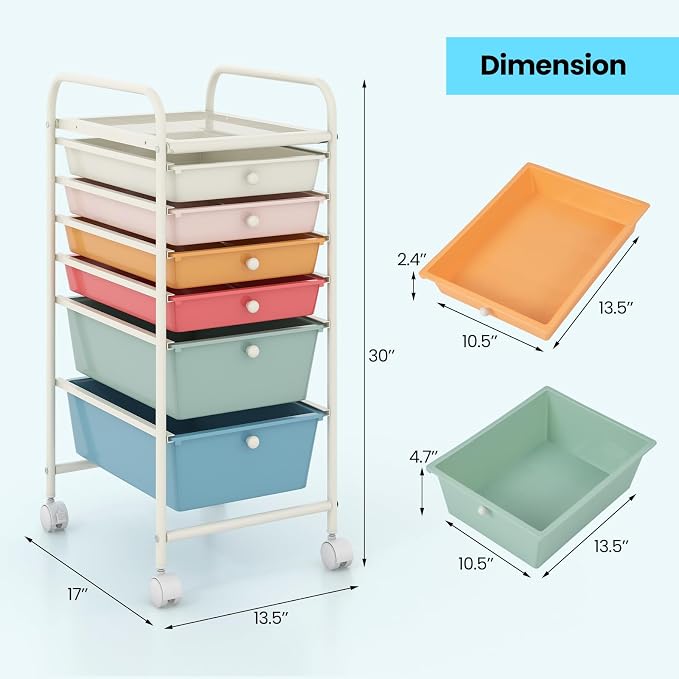 Giantex 6 Storage Drawer Cart Rolling Organizer Cart for Tools Scrapbook Paper Home Office School Multipurpose Mobile Utility Cart (Macaron)