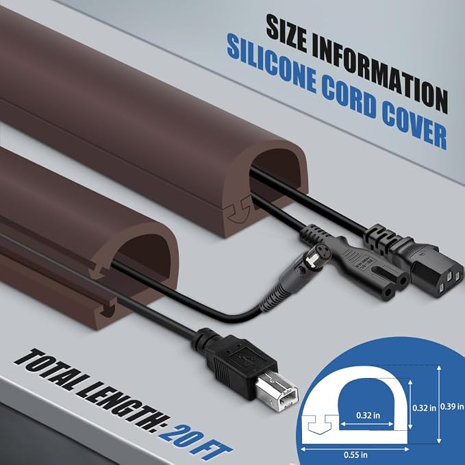 Silicone Cord Covers Wall Self-Adhesive Cord Covers for Wires on Wall Wire Hider Flexible Cable Hider with Side-Opening for Home Office TV Cable Management (0.31" W x 0.31" H x 240" L, Brown)