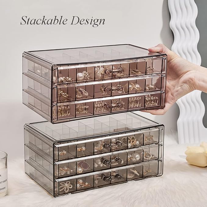 YUFONG Earring Storage Box Organizer 3 Drawers Acrylic Jewelry Storage Box Holder Transparent Jewelry Display Stand with 72 Small Compartments Gift for Women Girls (Clear Black)