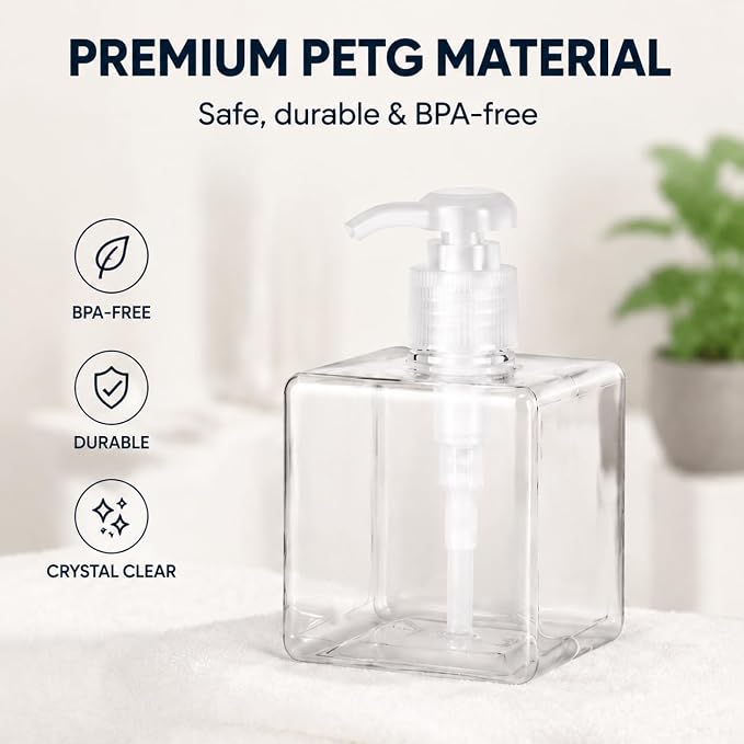 TMLECE 8.5oz/250ml Square Soap Dispenser Bottles | Eco-Friendly PETG Material, Leak-Proof Rotating Pump for Bathrooms, Kitchens & Travel, 4 Pack Refillable Bottles