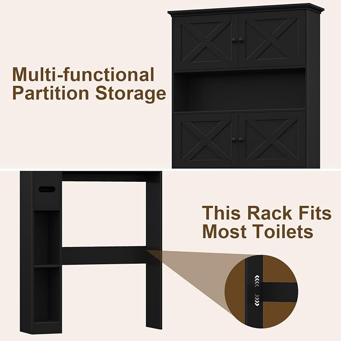 Halitaa Over The Toilet Storage Cabinet with Doors & Paper Holder, Black | Halitaa Farmhouse Toilet Shelf Home Space Saver with 4 Barn Doors & Toilet Paper Holder Stand for Restroom, Bathroom, Laundry