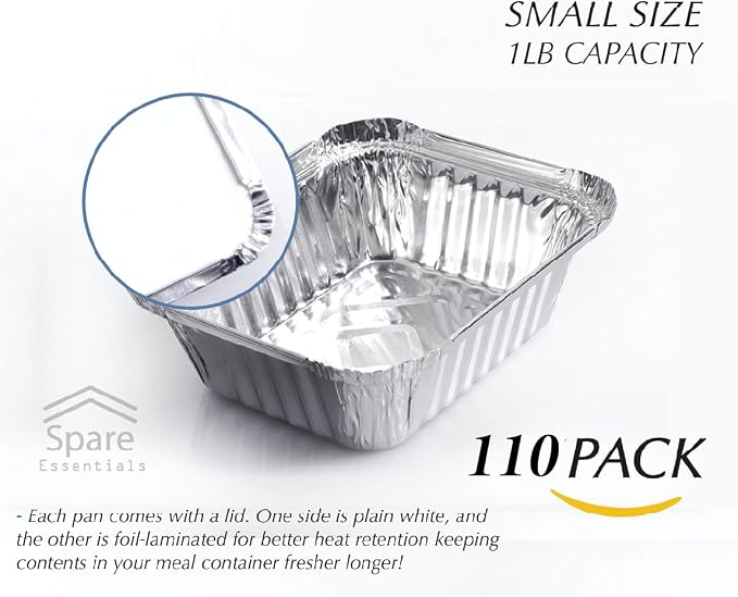 110 Pack - 1LB Small Foil Pans with Lids - Aluminum To Go Food Containers with Lids - 1lb Mini Aluminum Pans - Freezer Safe Foil Take out Trays - Heat proof Meal Prep Containers