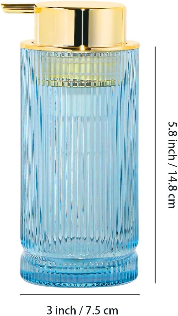 Foaming Soap Dispenser, Glass Foam Hand Soap Dispenser with Pump, 14 Oz Bathroom Refillable Liquid Lotion Pump Ribbed Bottle Container for Kitchen Countertop Decor (1, Blue Gold)