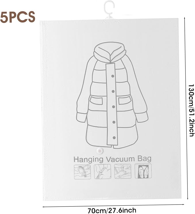 Hanging Vacuum Storage Bags, 5 Pack Hanging Vacuum Storage Bags for Coats Eco-Friendly Thick Plastic Space Saver 27.56x51.18 Inch, for Travel