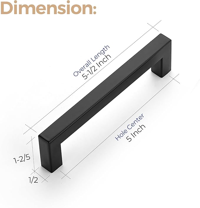 Ravinte Matte Black Square Cabinet Handles Drawer Pulls,5 Inch,45 Pack | Screws Included, Stainless Steel, Square Bar Grip, Easy Install, Kitchen Cabinet Hardware, For Cupboards, Drawers, Dressers