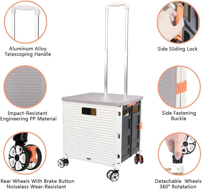 FELICON SELORSS Foldable Utility Cart Folding Portable Rolling Crate Handcart with Durable Heavy Duty Plastic Telescoping Handle Collapsible 4 Rotate Wheels for Travel Shop Move Luggage Office(White)