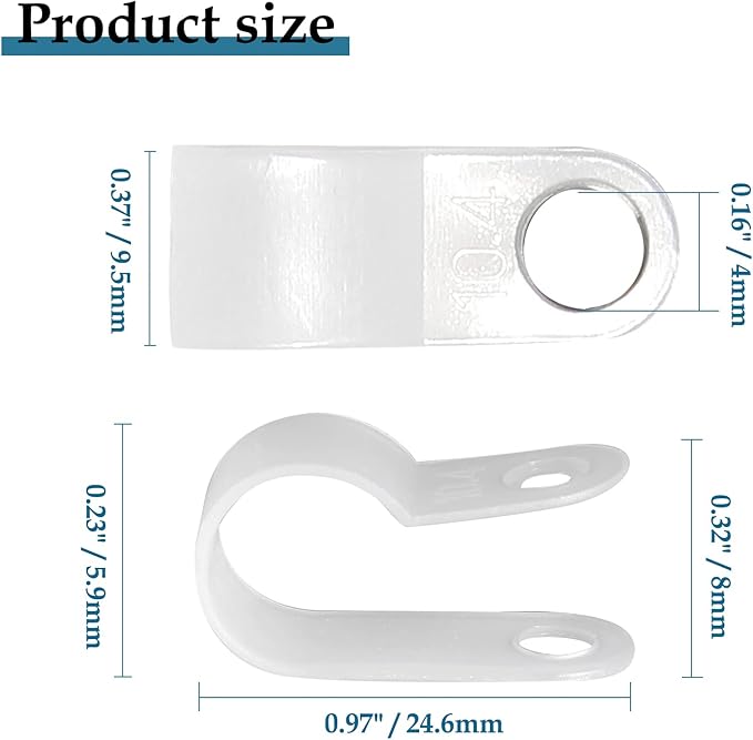 3/8 Inch R-Type Clip Clamp, 100 Pcs | Nylon P-Type Mounting Clips, Cable & Wire Management, Stainless Steel Screws Included