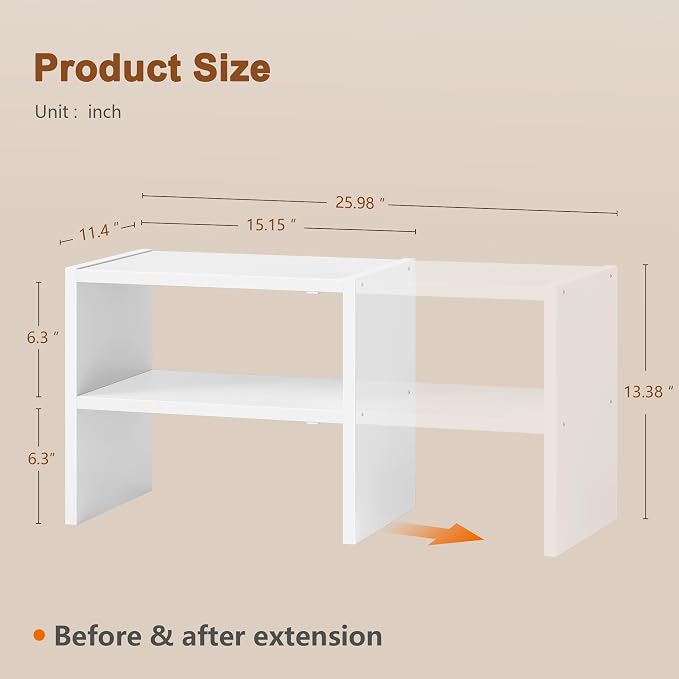 Hoctieon 2-Tier Expandable Shoe Shelf, Adjustable Shoe Shelf Storage Organizer, Stackable Iron Wood Combination Free Standing Shoe Rack for Entryway, Closet, Doorway, White
