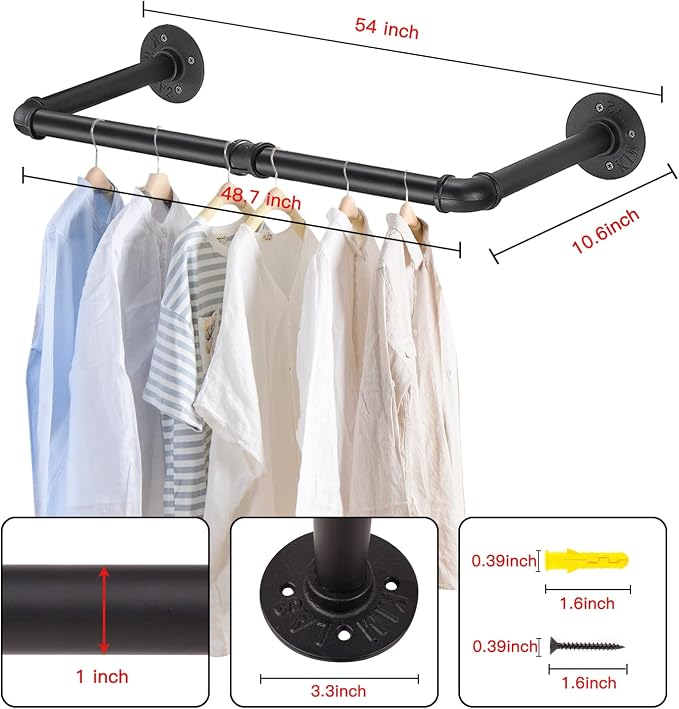 Wall Mounted Clothes Rack - 54"Industrial Pipe Clothing Garment Rack, Space - Saving Heavy Duty Detachable Black Iron Clothes Hanger Pole, Multi-Purpose Hanging Rod for Closet Storage, 2 Base