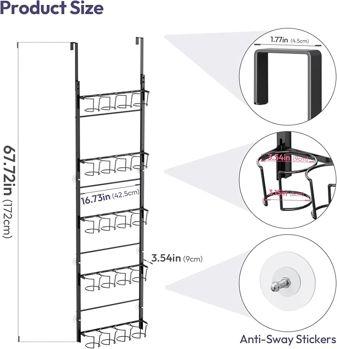 SWTYMIKI 5-Tier Water Bottle Organizer – Over the Door Stanley Cup Holder, Cup Organizer for Door or Wall Mount Option, Stanley Accessories for Pantry, Dorm, Office, RV Use, Black