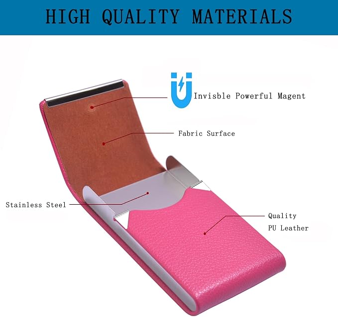 Business Card Holder with Ultra Slim Design,Business Card Case with Premium PU Leather, Suit Pocket Metal Card Holder for Women/Men,Professional Name Card Holder with Magnetic Shut(Rose Red)