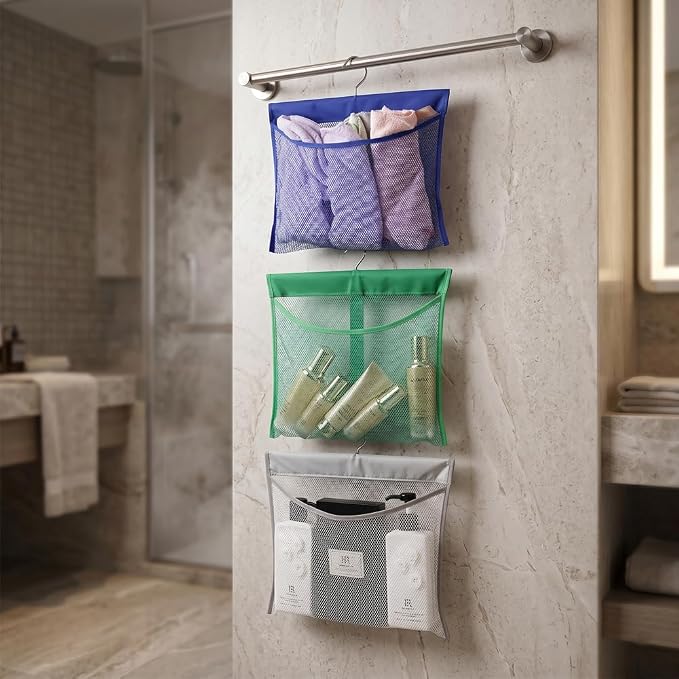ALYER Hanging Mesh Shower Pockets for 34oz/1000ml Shampoo and Conditioner,Colorful Bath Toy organizer,Hanging Tandem Type Closet Accessories Storage Bag,Blue