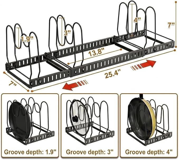 Pot and Pan Organizer Rack for Cabinet, 3 Expandable Pot Lid Organizer Holder with 12 Adjustable Compartment for Kitchen Cutting Board, Pan Lid, Cabinet Cookware Baking