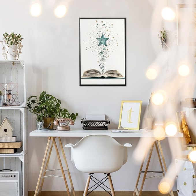 Magical Book Bookish Star Art Aesthetic Poster Canvas Wall Art Decoration Living Room Home Decor Bedroom Decoration Poster black framed20x30inch